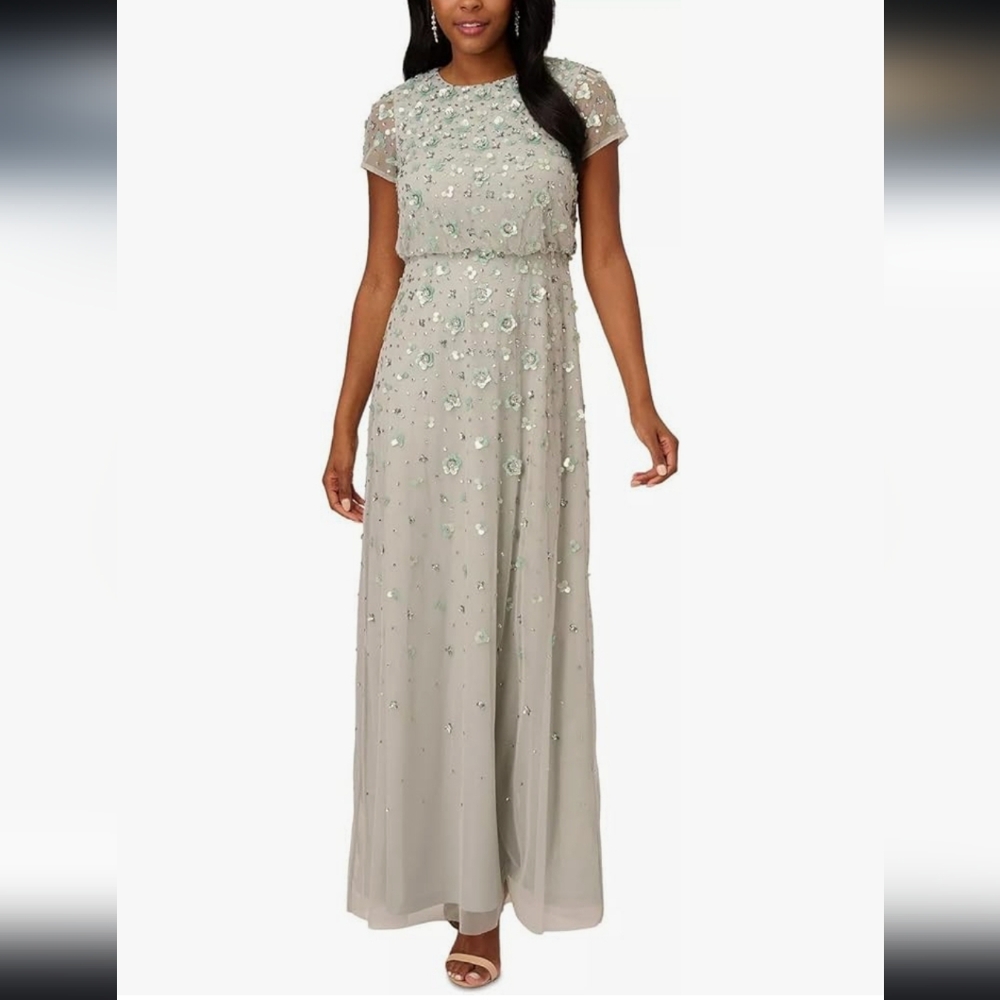 Adrianna Papell Crew Neck Cap Sleeve Blouson 3D Embellished Mesh Dress Icy Mint